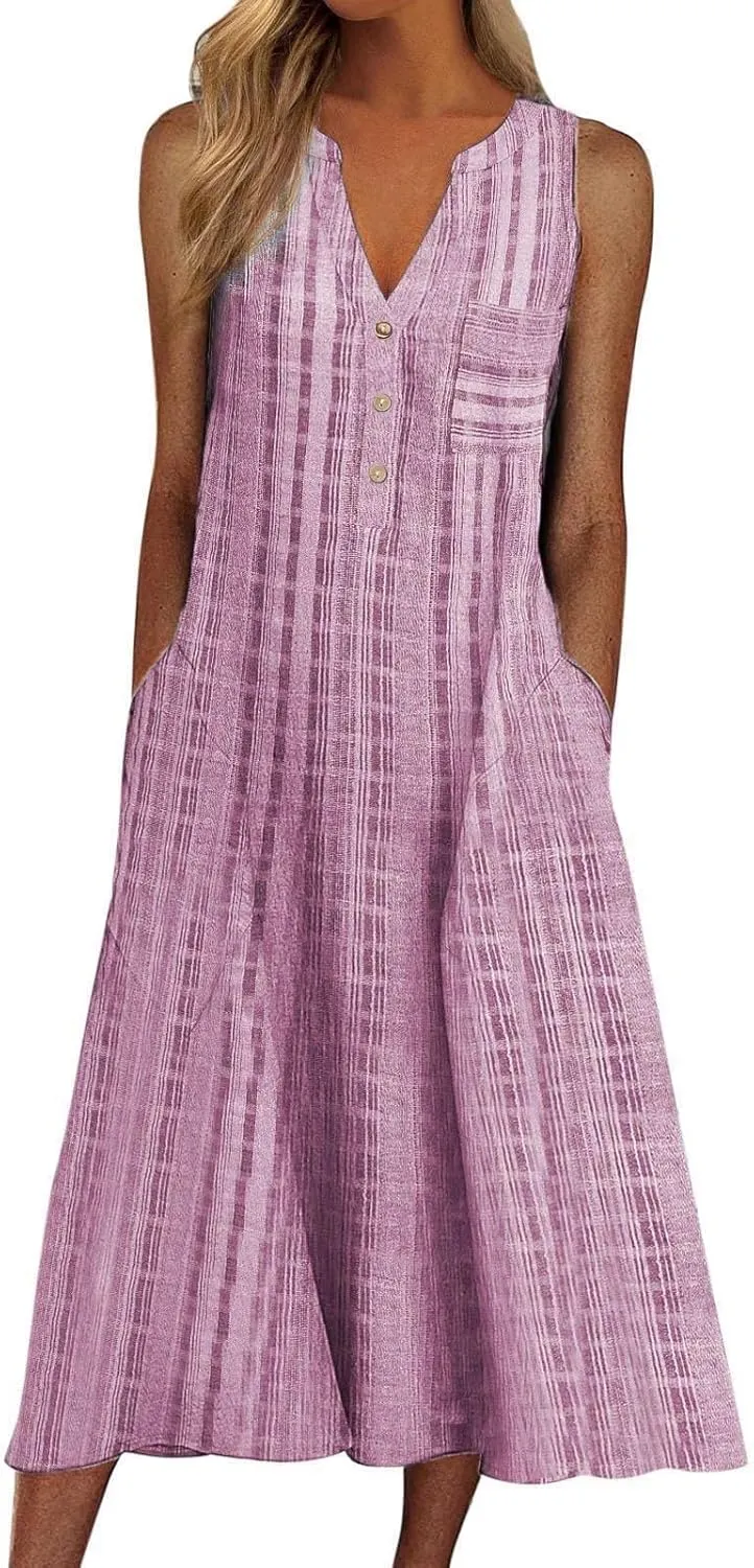 Women Casual Dress Summer Stripe Button V Neck Sleeveless with Pocket Long Dresses Holiday Beach Party Midi Dress