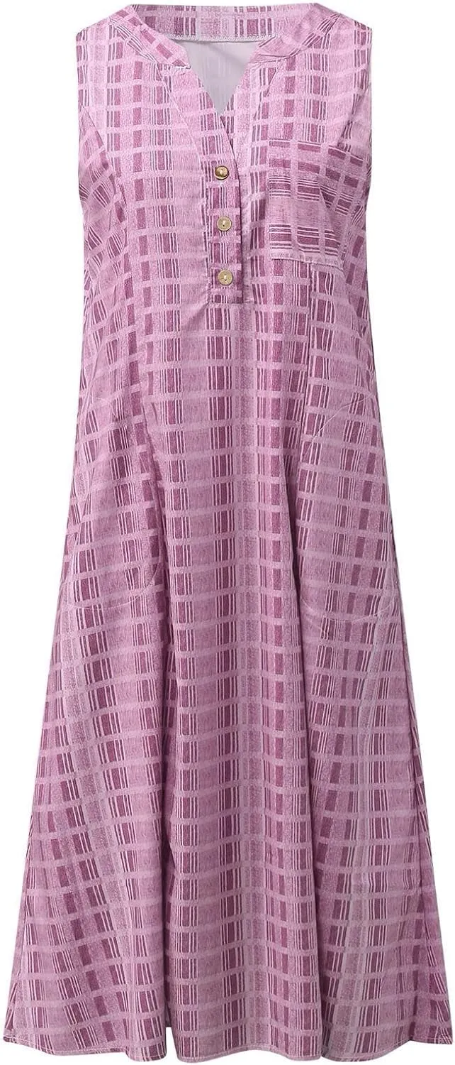 Women Casual Dress Summer Stripe Button V Neck Sleeveless with Pocket Long Dresses Holiday Beach Party Midi Dress