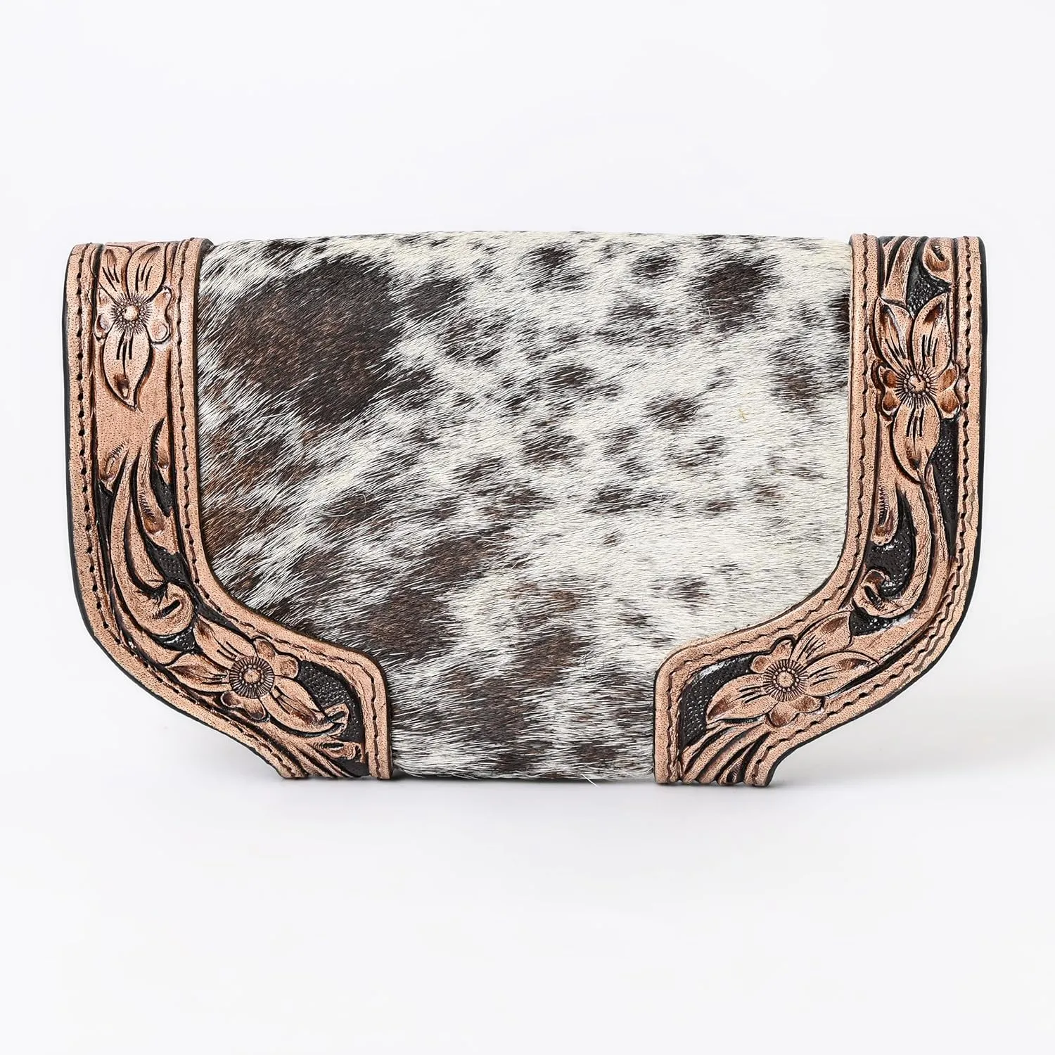 Women Cowhide Hairon and Tooled Leather Western Handmade Ladies Clutch Trifold Wallet