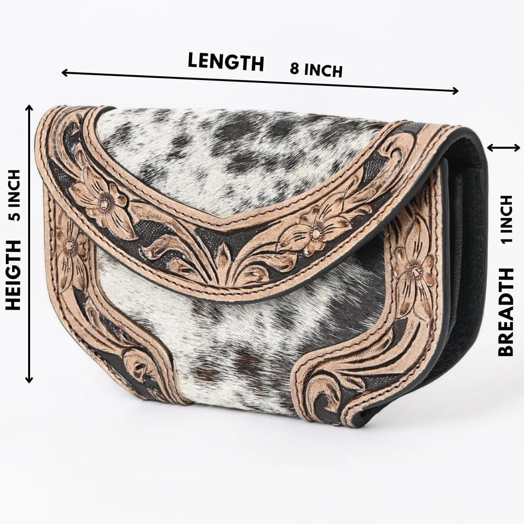 Women Cowhide Hairon and Tooled Leather Western Handmade Ladies Clutch Trifold Wallet