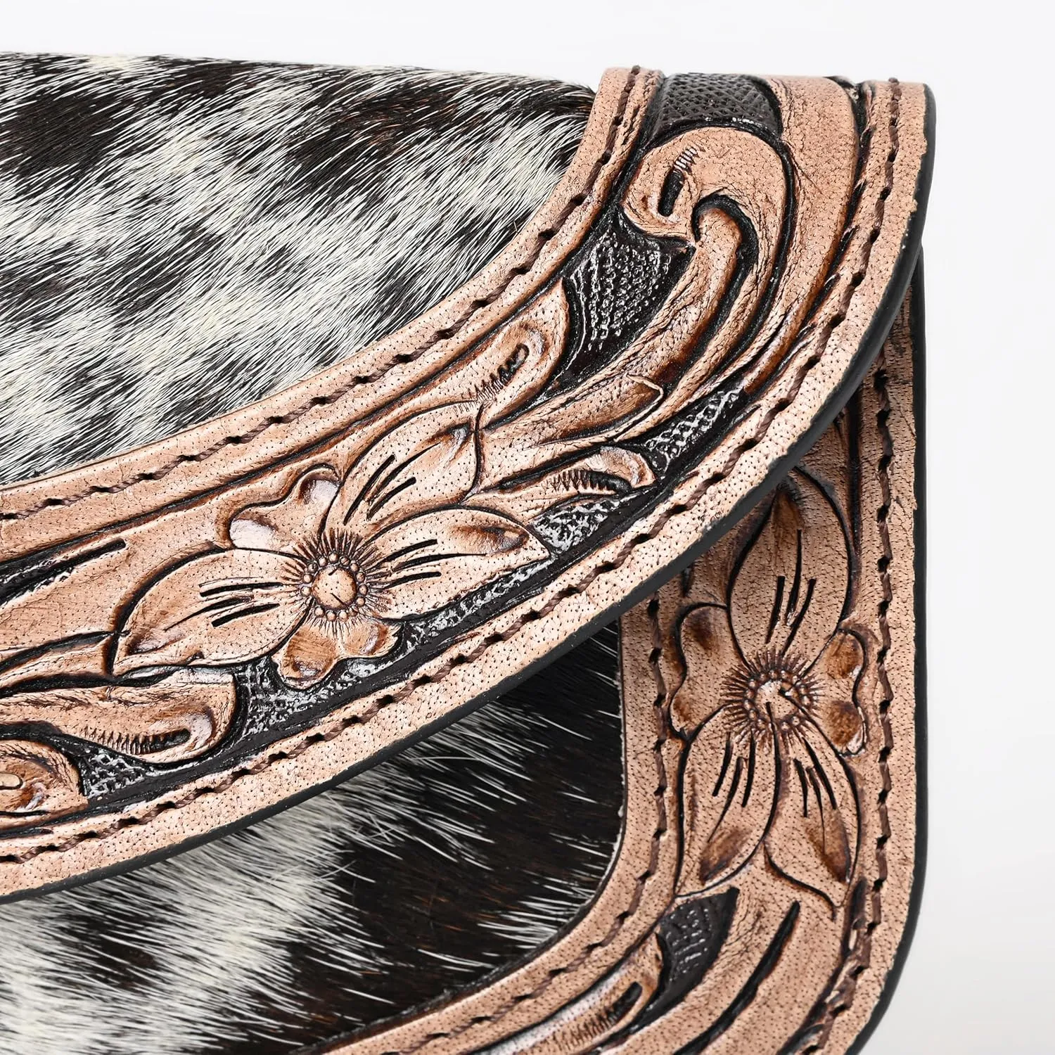 Women Cowhide Hairon and Tooled Leather Western Handmade Ladies Clutch Trifold Wallet