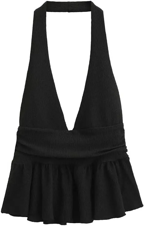 Women Halters Tank Off Shoulder Slim Fit Backless Ruffle Tops All-Match Camisole Vest