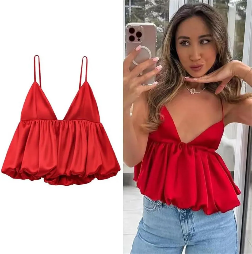 Women Satin Top Slip Tanks Camis Sexy Cropped Off Shoulder Sleeveless Puff Backless Tops Camisole