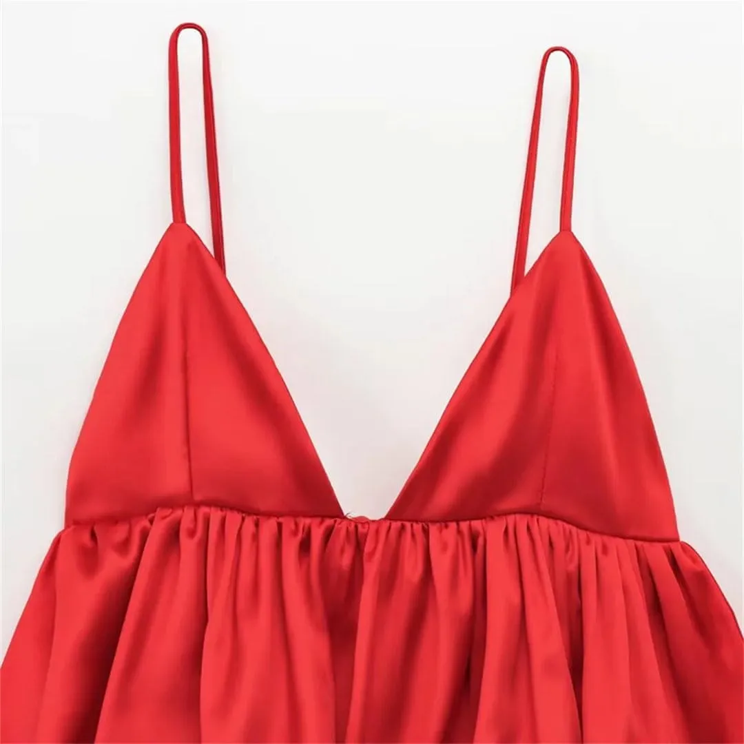 Women Satin Top Slip Tanks Camis Sexy Cropped Off Shoulder Sleeveless Puff Backless Tops Camisole