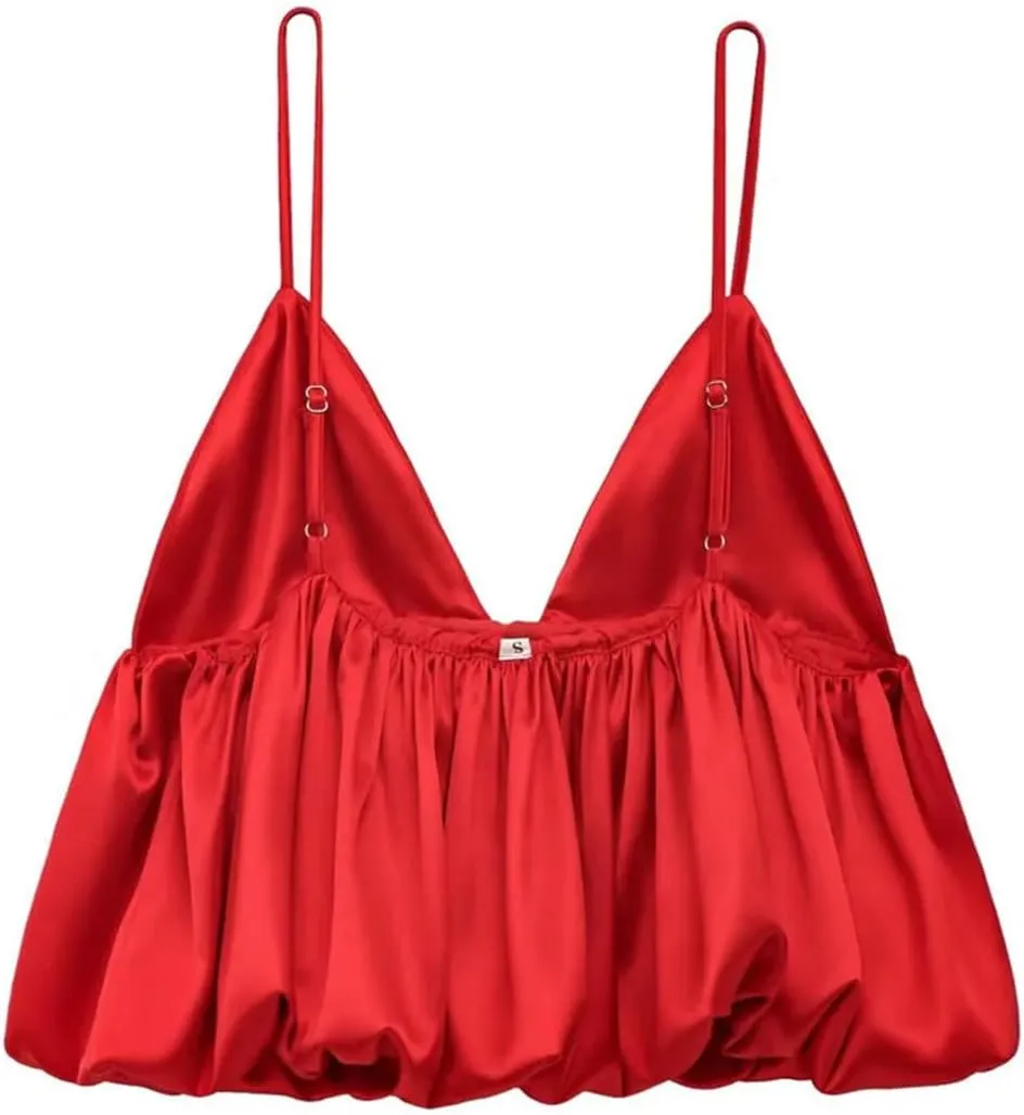 Women Satin Top Slip Tanks Camis Sexy Cropped Off Shoulder Sleeveless Puff Backless Tops Camisole