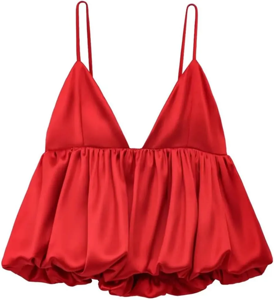 Women Satin Top Slip Tanks Camis Sexy Cropped Off Shoulder Sleeveless Puff Backless Tops Camisole