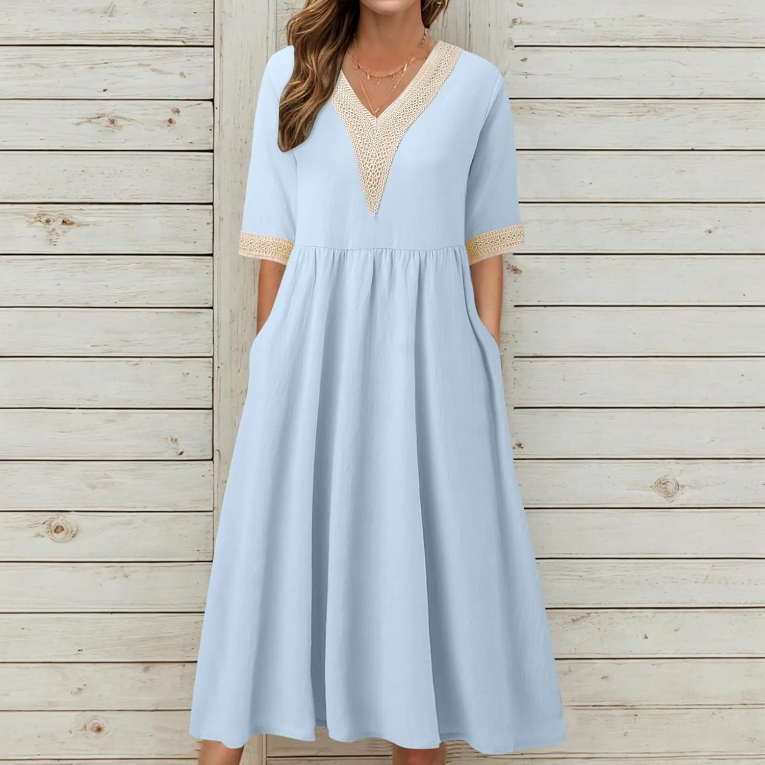 Women Solid Color Midi Dress Lace V Neck Short Sleeve Mid Length Dress Mini Loose Fit