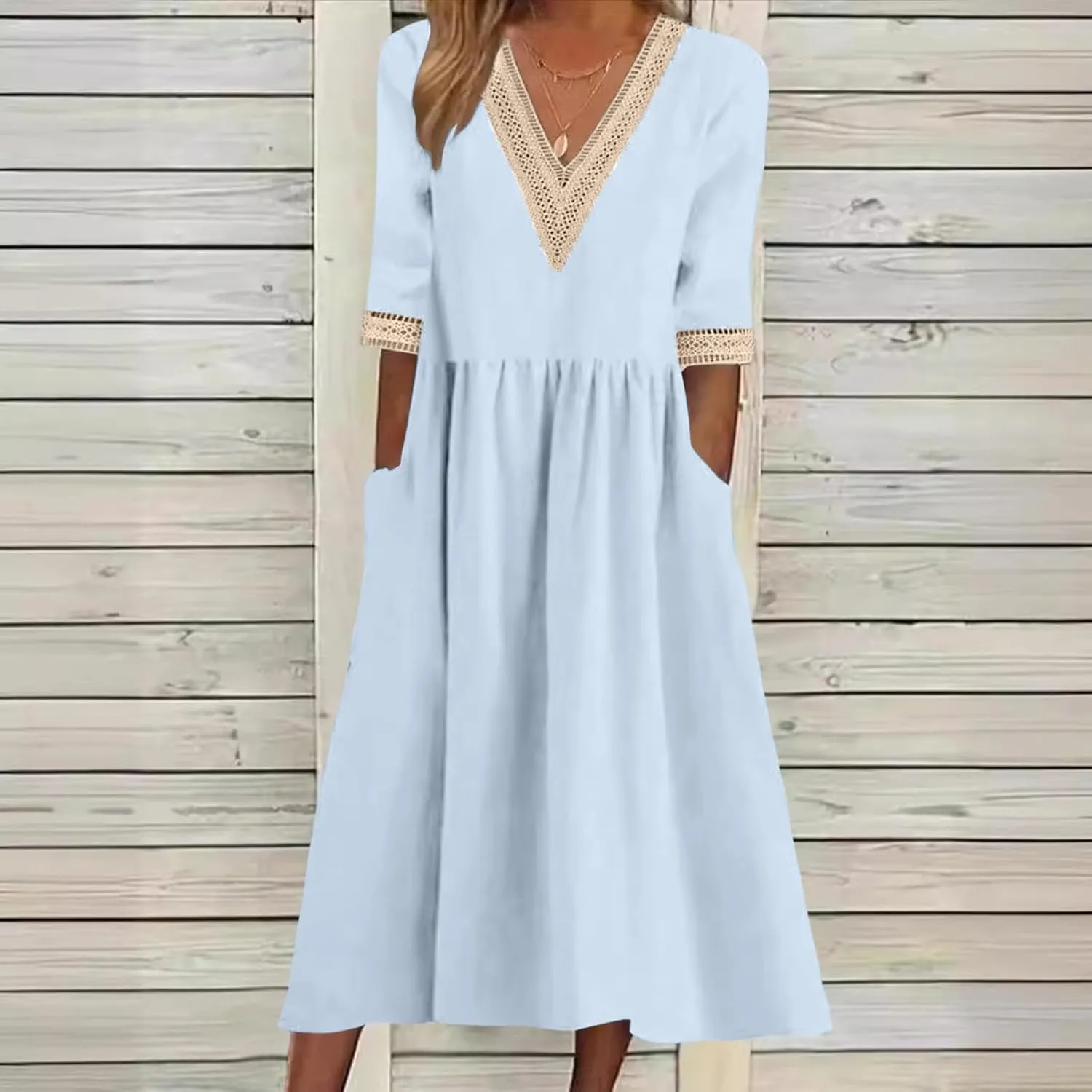 Women Solid Color Midi Dress Lace V Neck Short Sleeve Mid Length Dress Mini Loose Fit