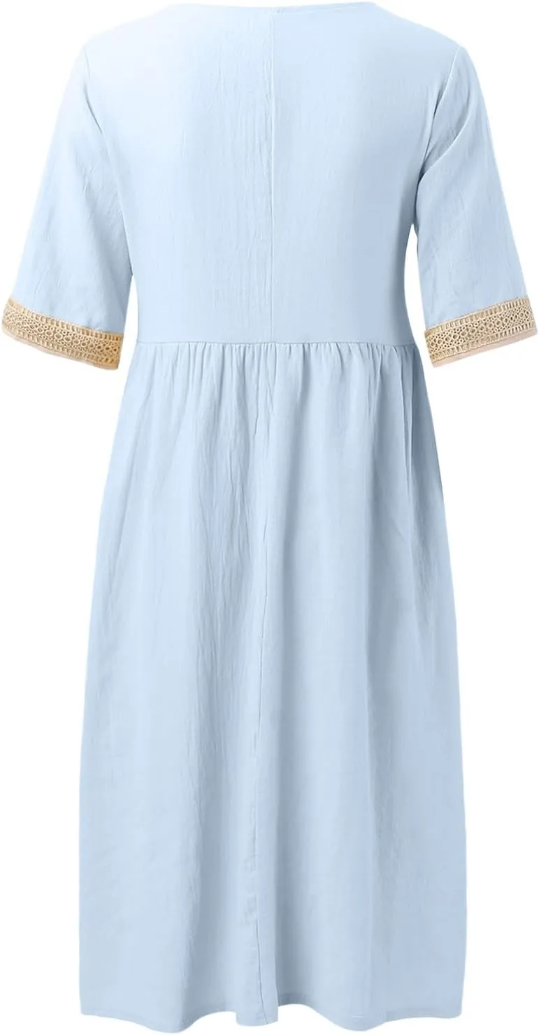 Women Solid Color Midi Dress Lace V Neck Short Sleeve Mid Length Dress Mini Loose Fit