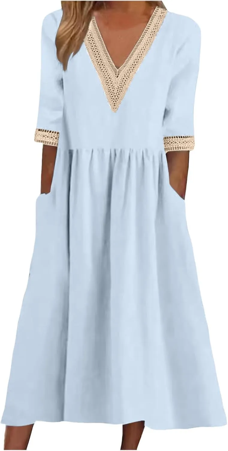 Women Solid Color Midi Dress Lace V Neck Short Sleeve Mid Length Dress Mini Loose Fit