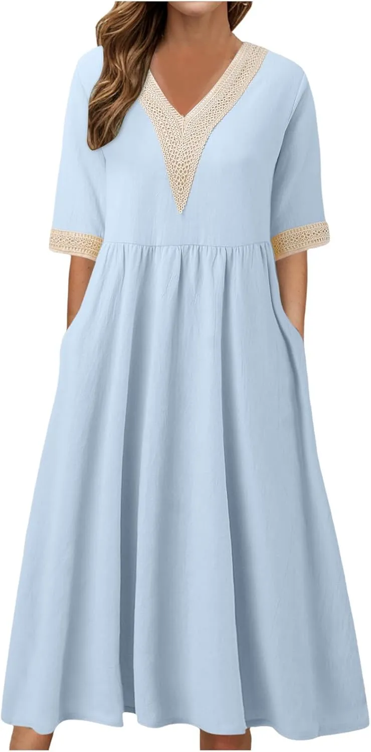 Women Solid Color Midi Dress Lace V Neck Short Sleeve Mid Length Dress Mini Loose Fit