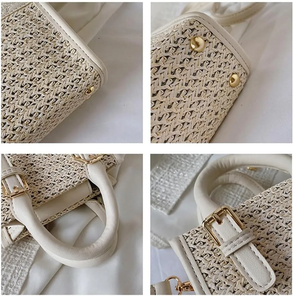 Women Straw Shoulder Bag, Small Vintage Summer Beach Crossbody Purse with Leather Trim, Handbag for Travel