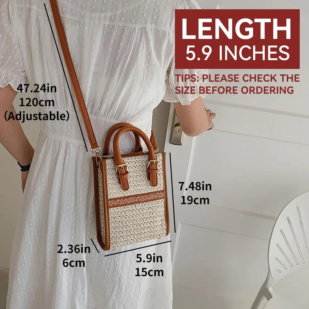 Women Straw Shoulder Bag, Small Vintage Summer Beach Crossbody Purse with Leather Trim, Handbag for Travel