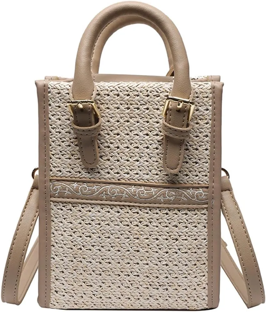 Women Straw Shoulder Bag, Small Vintage Summer Beach Crossbody Purse with Leather Trim, Handbag for Travel