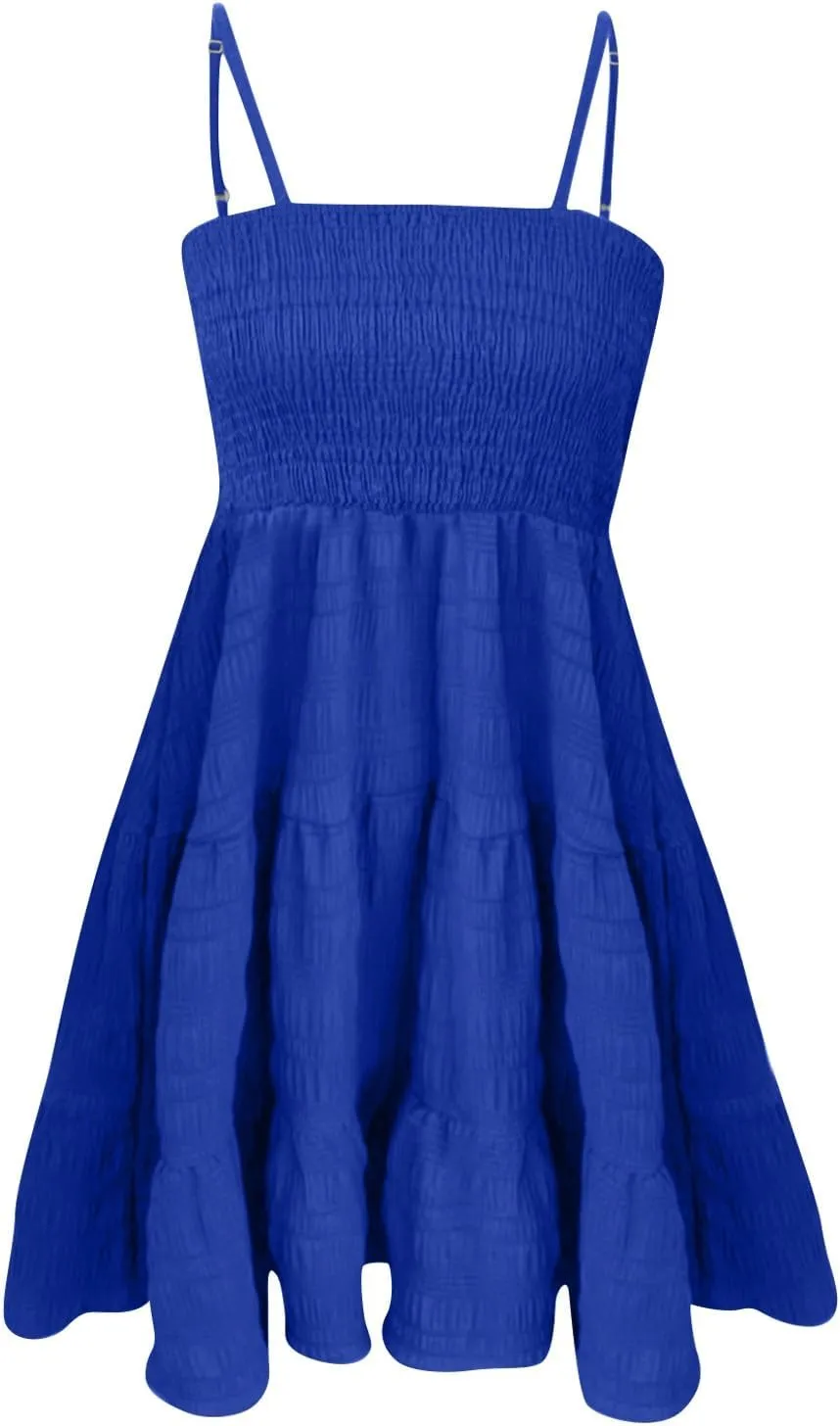 Women Summer Dresses Square Neck Spaghetti Strap Dress Casual Sleeveless Smocked Sundress A Line Tiered Beach Dress