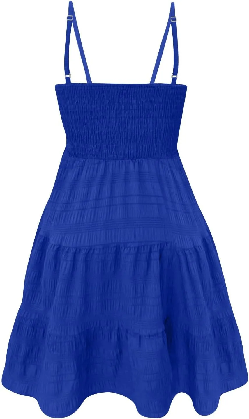 Women Summer Dresses Square Neck Spaghetti Strap Dress Casual Sleeveless Smocked Sundress A Line Tiered Beach Dress