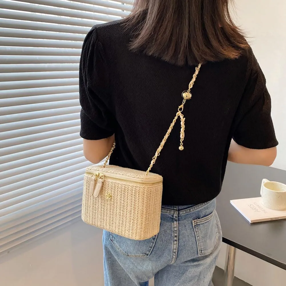 Women Woven Crossbody Bag with Chain Weaving Beach Handbag Straw Bucket Satchel Bag Ladies Summer Daily Bag