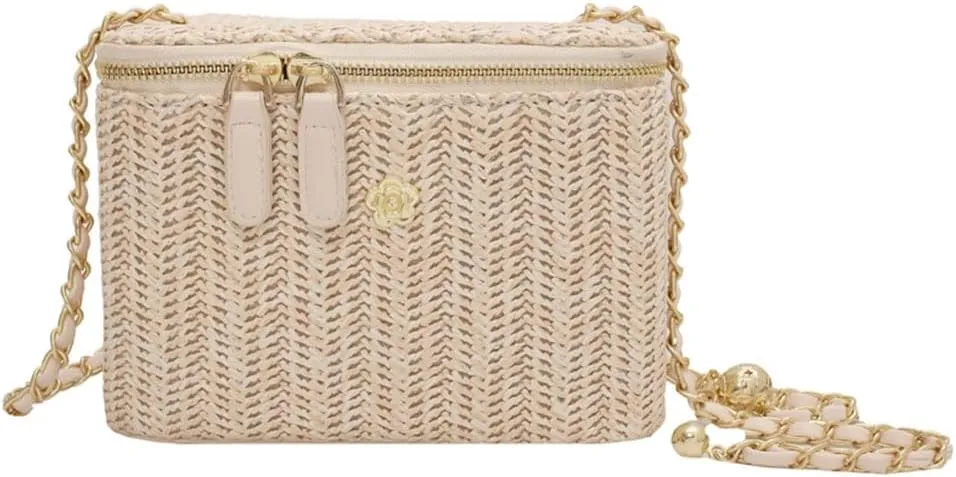 Women Woven Crossbody Bag with Chain Weaving Beach Handbag Straw Bucket Satchel Bag Ladies Summer Daily Bag