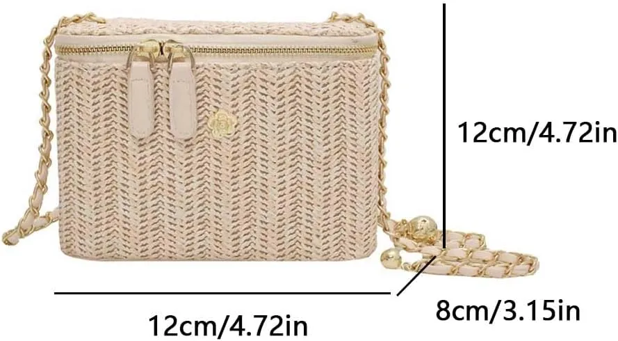 Women Woven Crossbody Bag with Chain Weaving Beach Handbag Straw Bucket Satchel Bag Ladies Summer Daily Bag