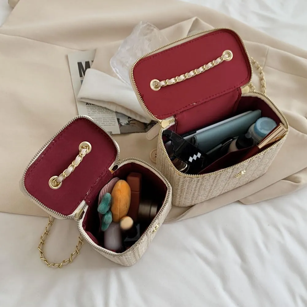 Women Woven Crossbody Bag with Chain Weaving Beach Handbag Straw Bucket Satchel Bag Ladies Summer Daily Bag
