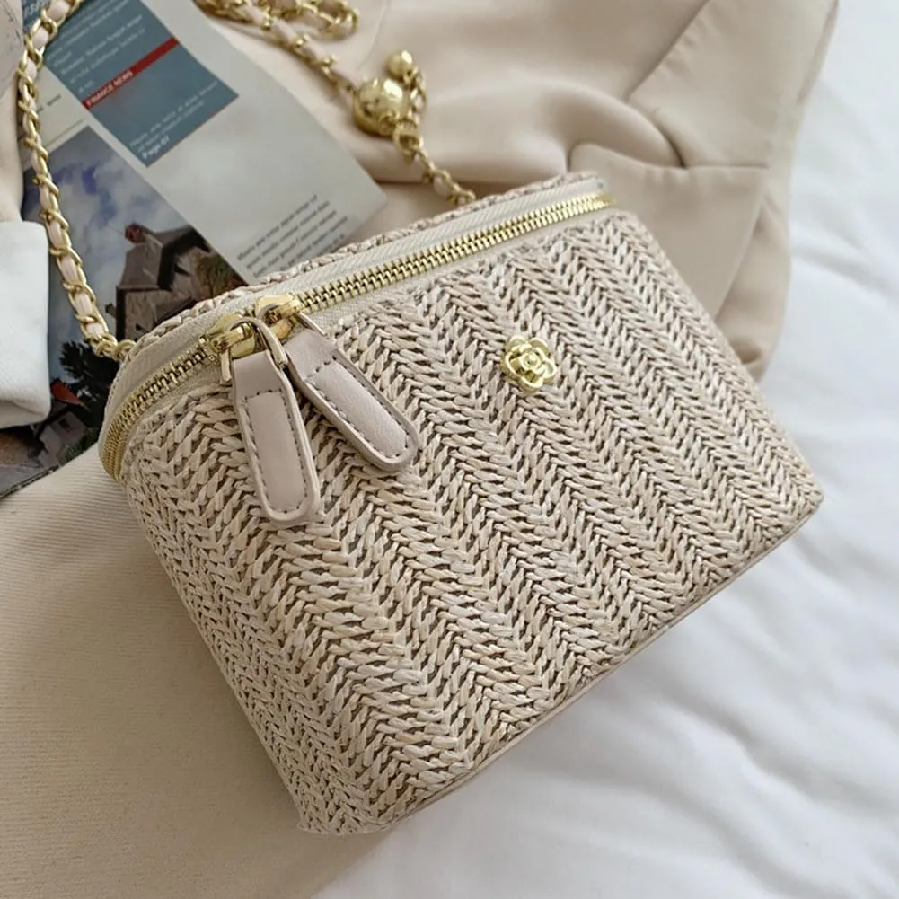 Women Woven Crossbody Bag with Chain Weaving Beach Handbag Straw Bucket Satchel Bag Ladies Summer Daily Bag