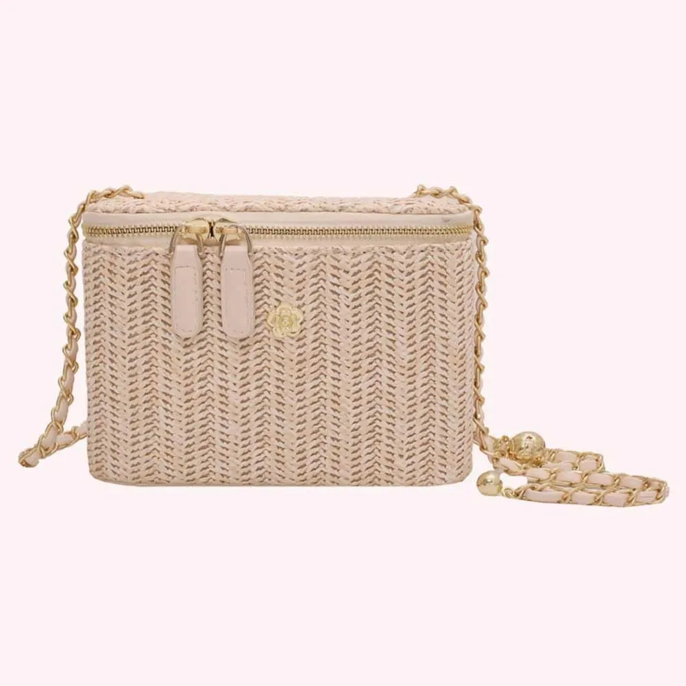 Women Woven Crossbody Bag with Chain Weaving Beach Handbag Straw Bucket Satchel Bag Ladies Summer Daily Bag