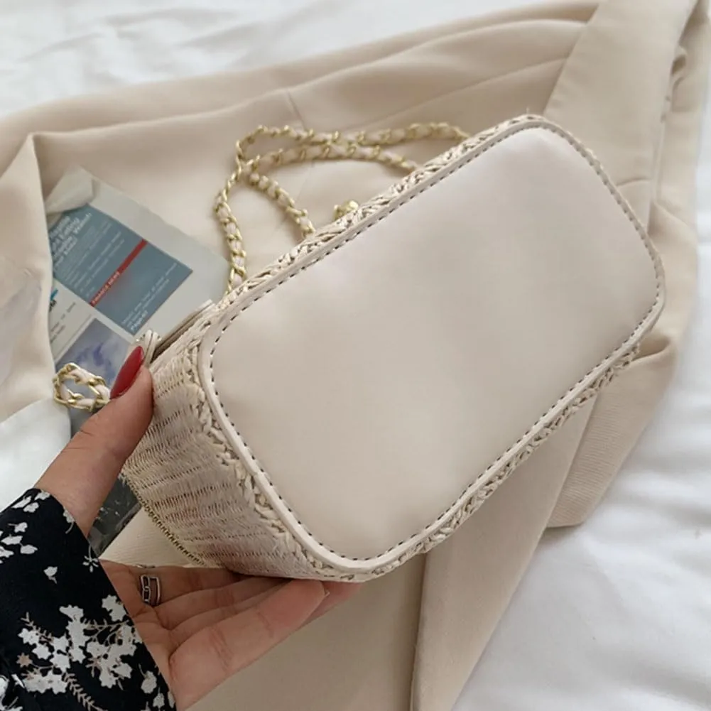 Women Woven Crossbody Bag with Chain Weaving Beach Handbag Straw Bucket Satchel Bag Ladies Summer Daily Bag