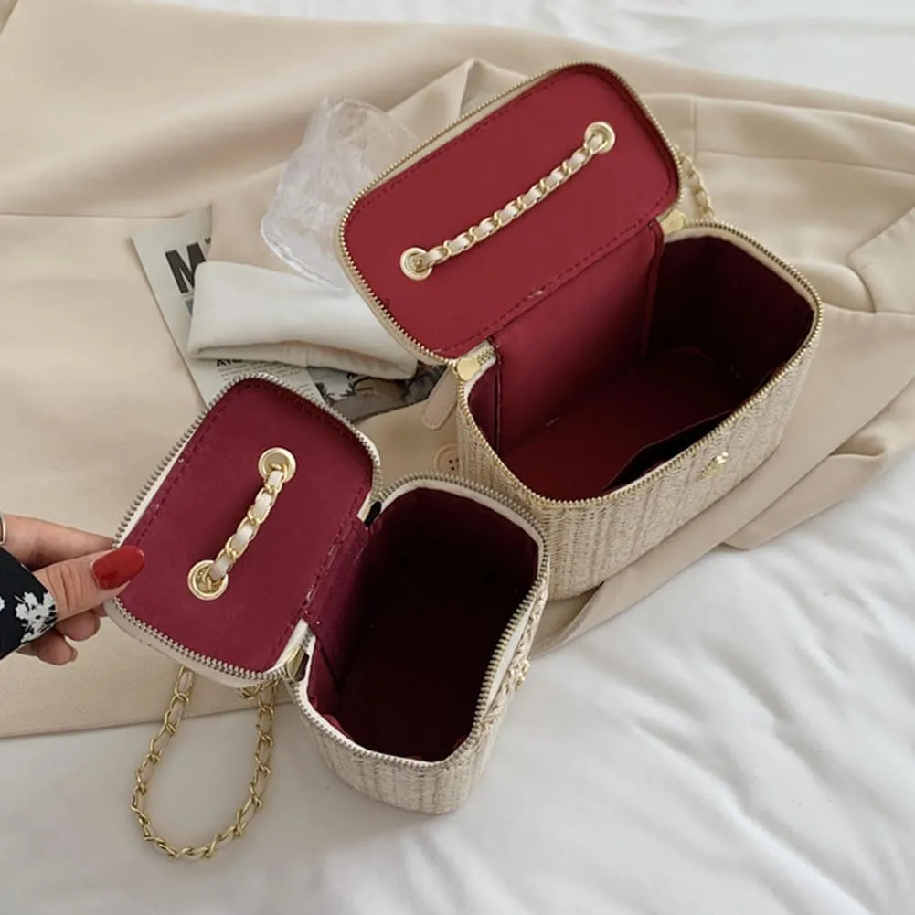 Women Woven Crossbody Bag with Chain Weaving Beach Handbag Straw Bucket Satchel Bag Ladies Summer Daily Bag