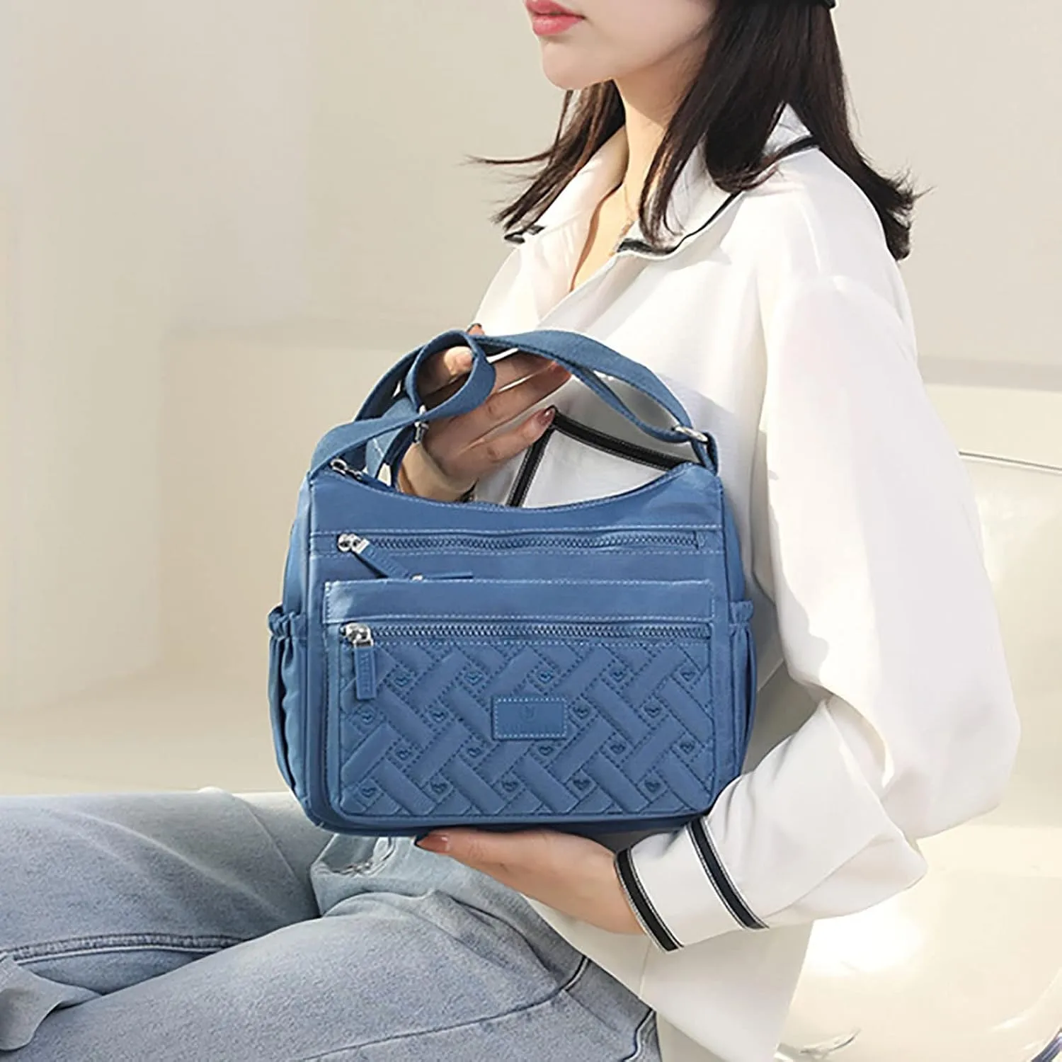 Women's Anti Theft Shoulder Bags Lightweight Quilted Leather Handbags for Women Beach Bag Water Proof Sandproof(Blue)