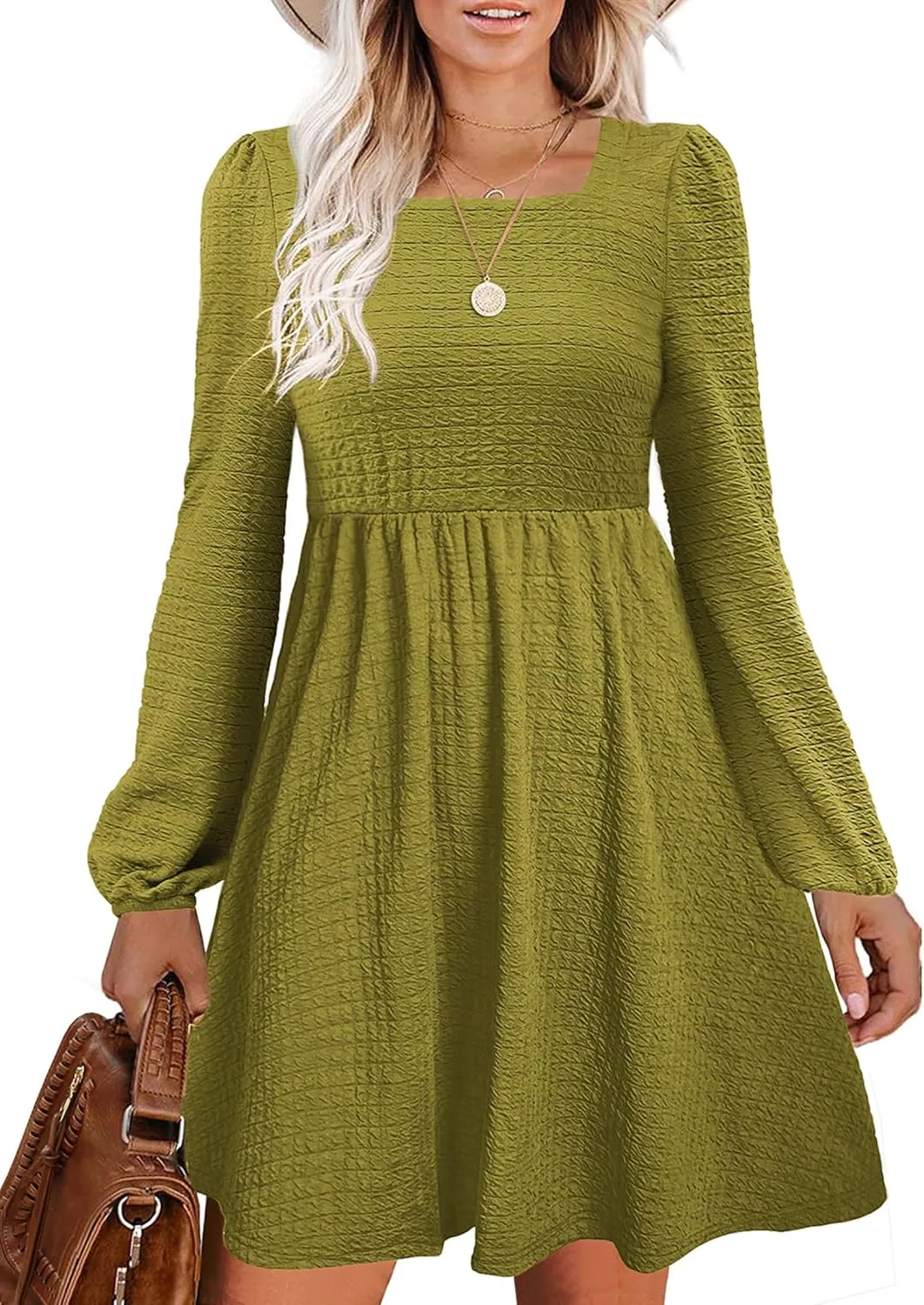 Womens Babydoll Dresses Square Neck Long Sleeve Knee Length Flowy Swing Shirring Mini Dresses Fall Dress
