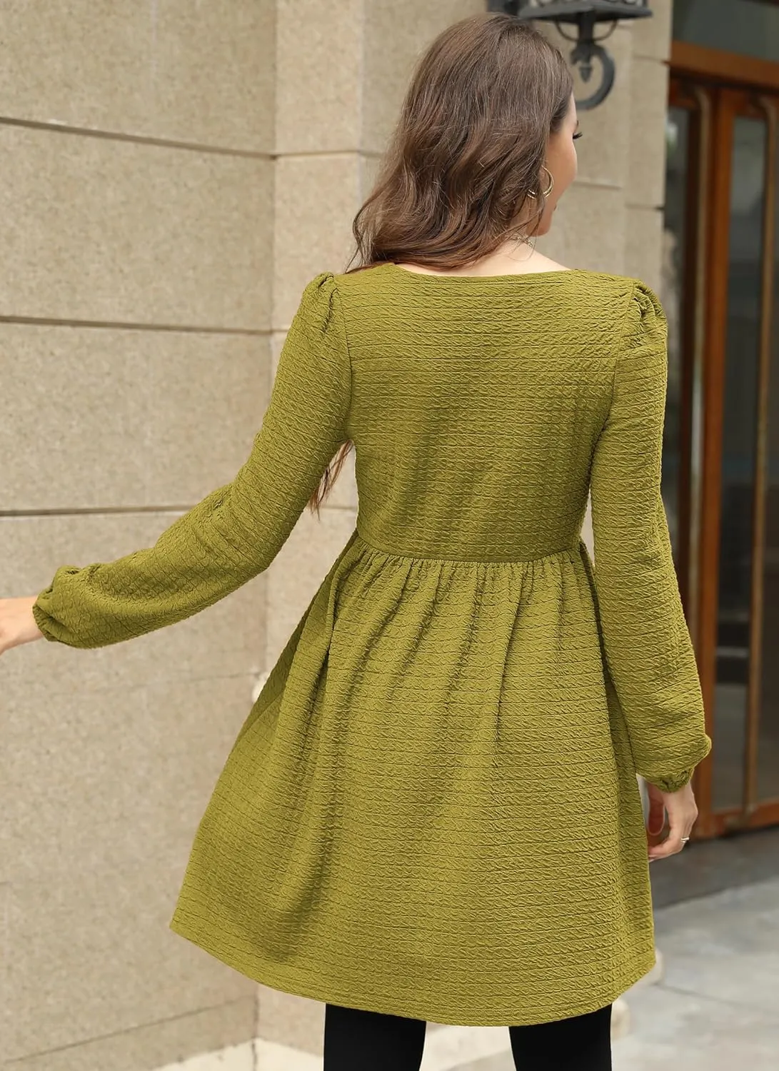 Womens Babydoll Dresses Square Neck Long Sleeve Knee Length Flowy Swing Shirring Mini Dresses Fall Dress