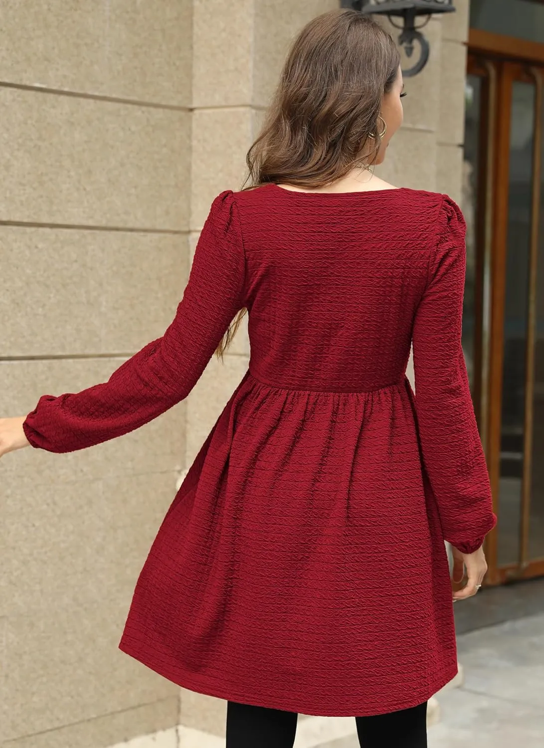 Womens Babydoll Dresses Square Neck Long Sleeve Knee Length Flowy Swing Shirring Mini Dresses Fall Dress