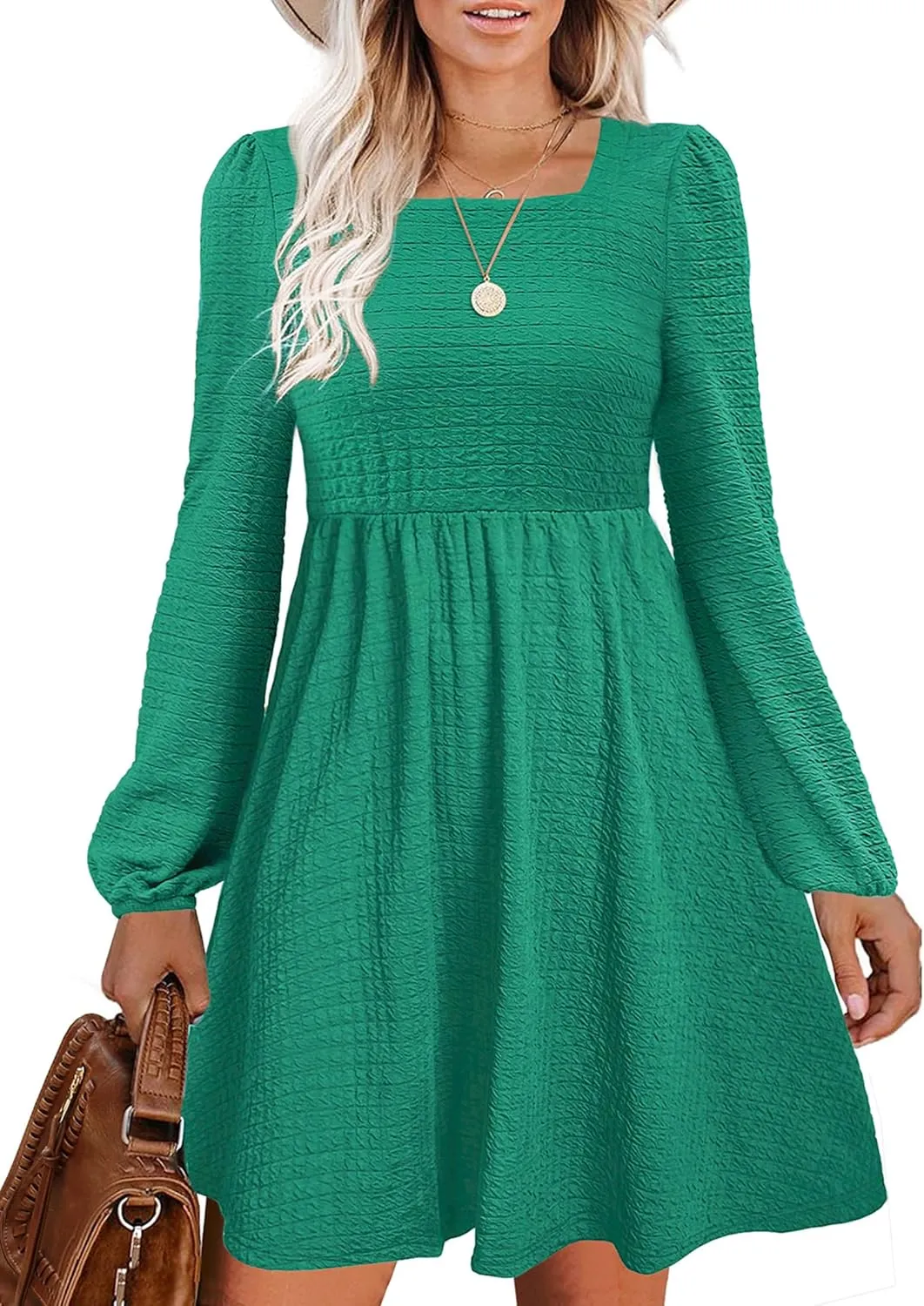 Womens Babydoll Dresses Square Neck Long Sleeve Knee Length Flowy Swing Shirring Mini Dresses Fall Dress