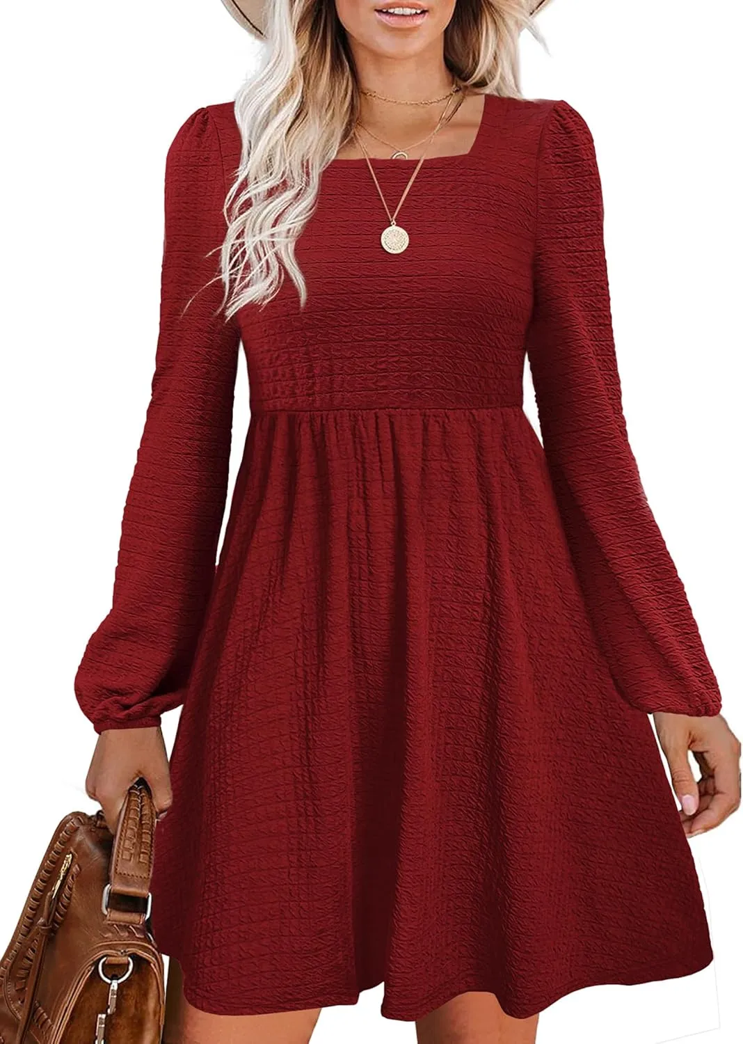 Womens Babydoll Dresses Square Neck Long Sleeve Knee Length Flowy Swing Shirring Mini Dresses Fall Dress