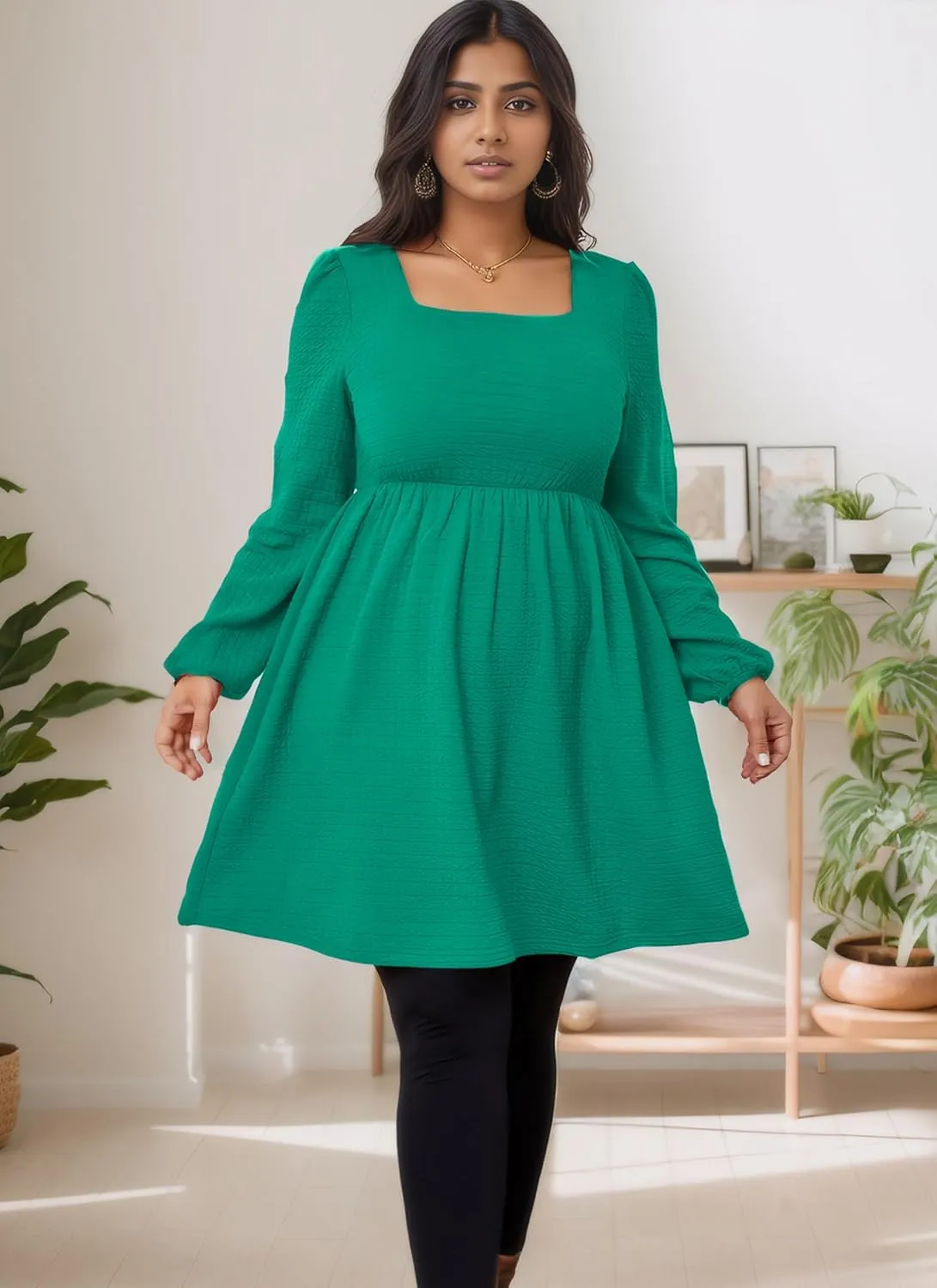 Womens Babydoll Dresses Square Neck Long Sleeve Knee Length Flowy Swing Shirring Mini Dresses Fall Dress