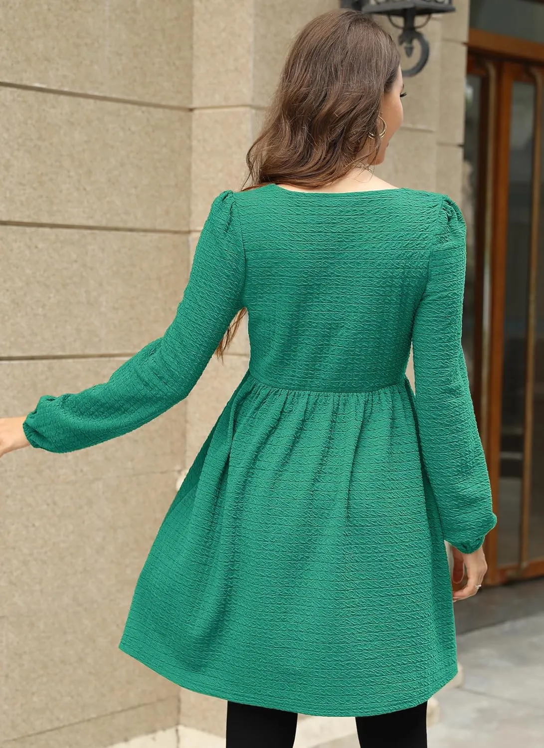Womens Babydoll Dresses Square Neck Long Sleeve Knee Length Flowy Swing Shirring Mini Dresses Fall Dress