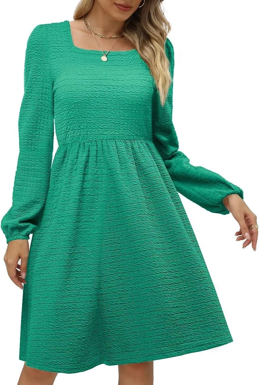 Womens Babydoll Dresses Square Neck Long Sleeve Knee Length Flowy Swing Shirring Mini Dresses Fall Dress