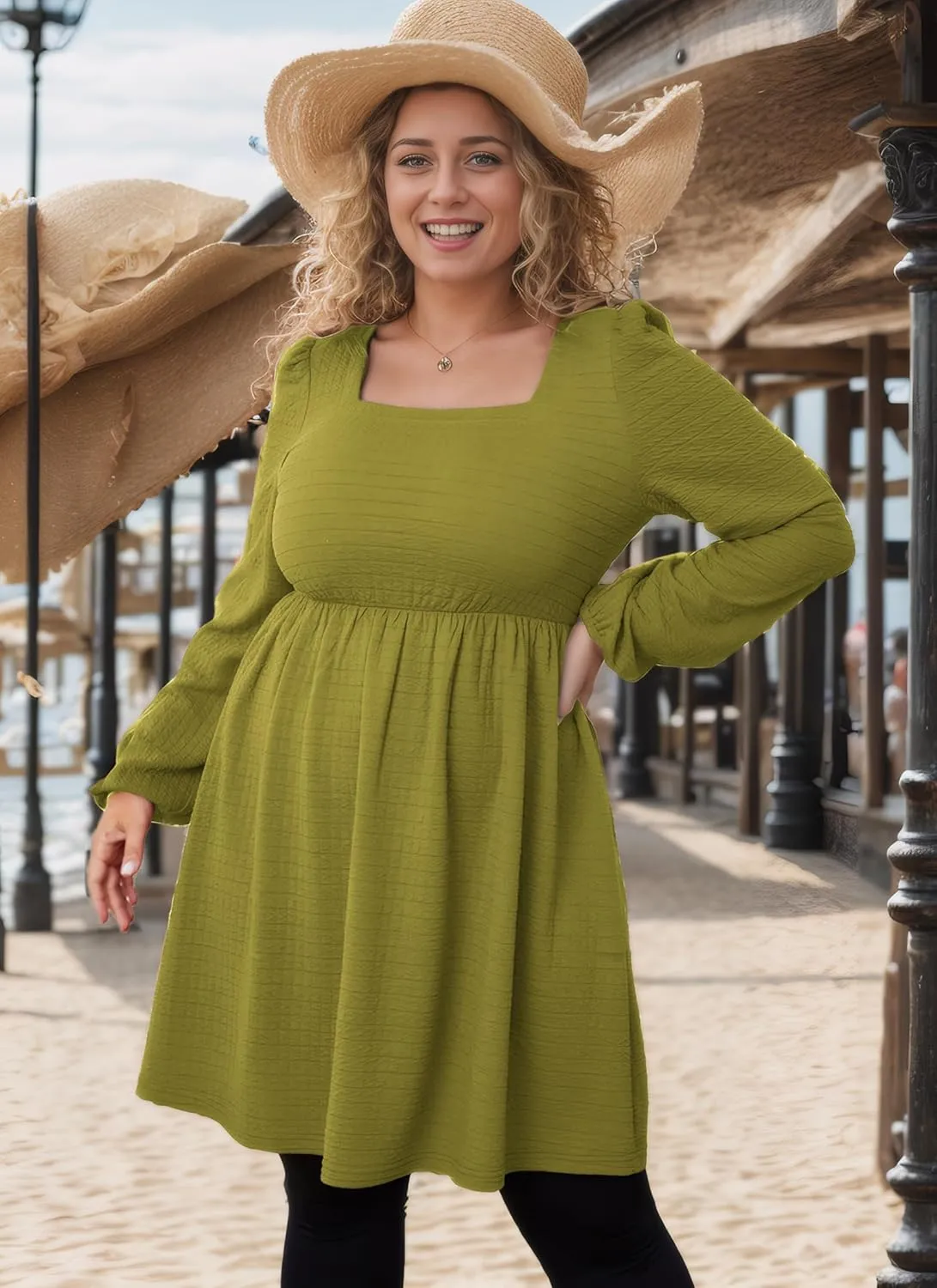 Womens Babydoll Dresses Square Neck Long Sleeve Knee Length Flowy Swing Shirring Mini Dresses Fall Dress