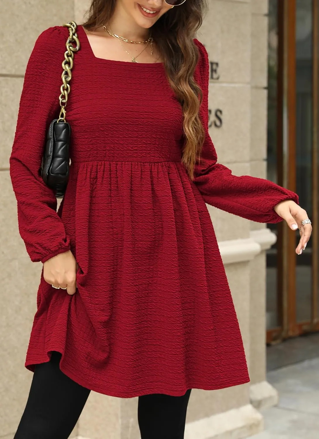 Womens Babydoll Dresses Square Neck Long Sleeve Knee Length Flowy Swing Shirring Mini Dresses Fall Dress