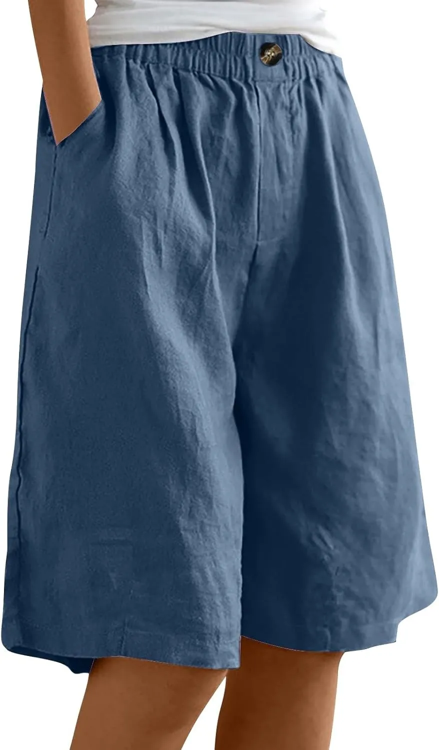 Womens Bermuda Shorts Knee Length High Waisted Wide Leg Linen Shorts Summer Cozy Loose Beach Long Short with Pockets