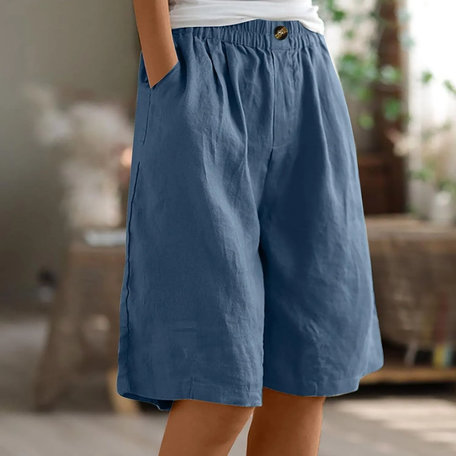 Womens Bermuda Shorts Knee Length High Waisted Wide Leg Linen Shorts Summer Cozy Loose Beach Long Short with Pockets