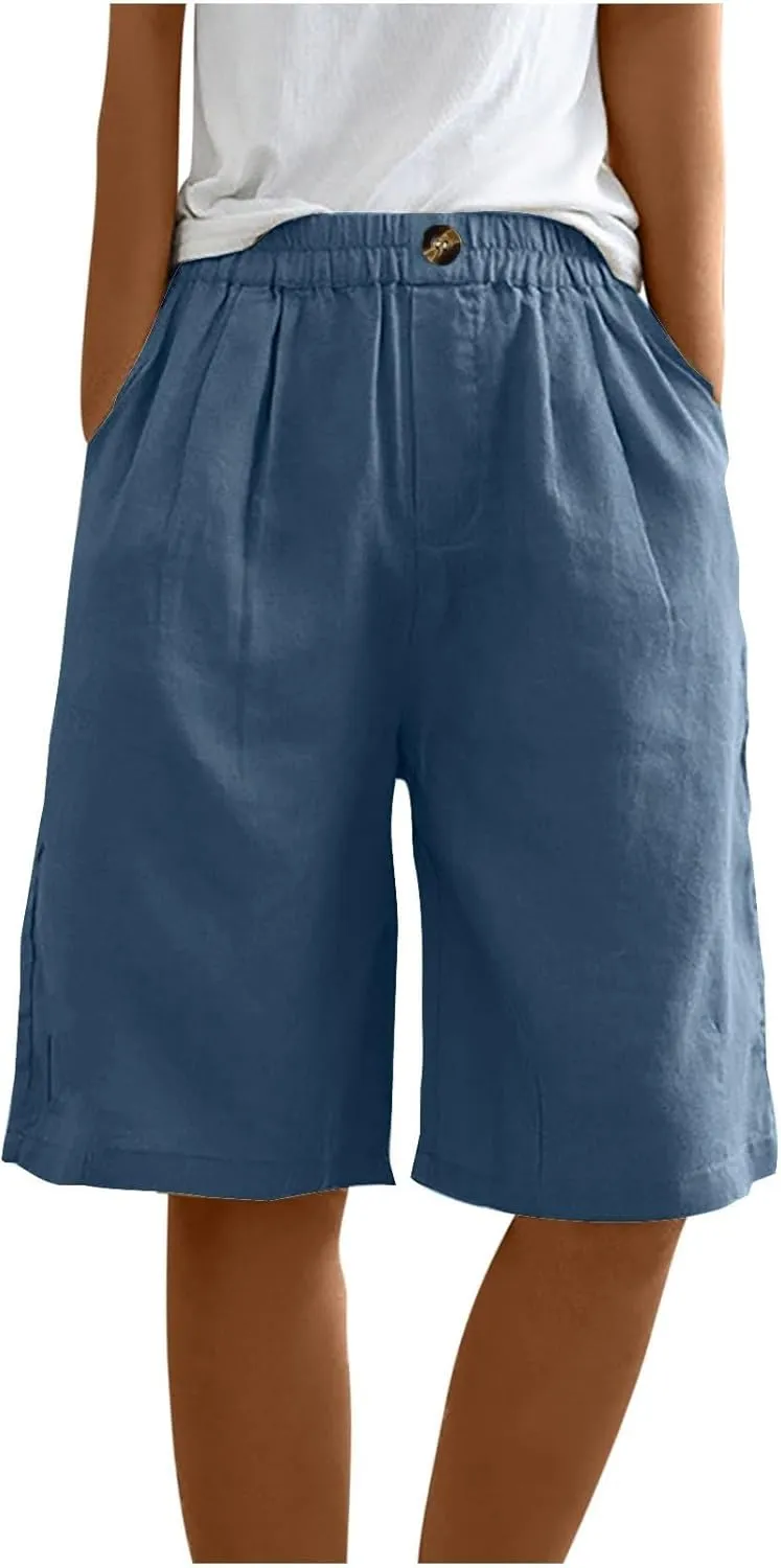 Womens Bermuda Shorts Knee Length High Waisted Wide Leg Linen Shorts Summer Cozy Loose Beach Long Short with Pockets