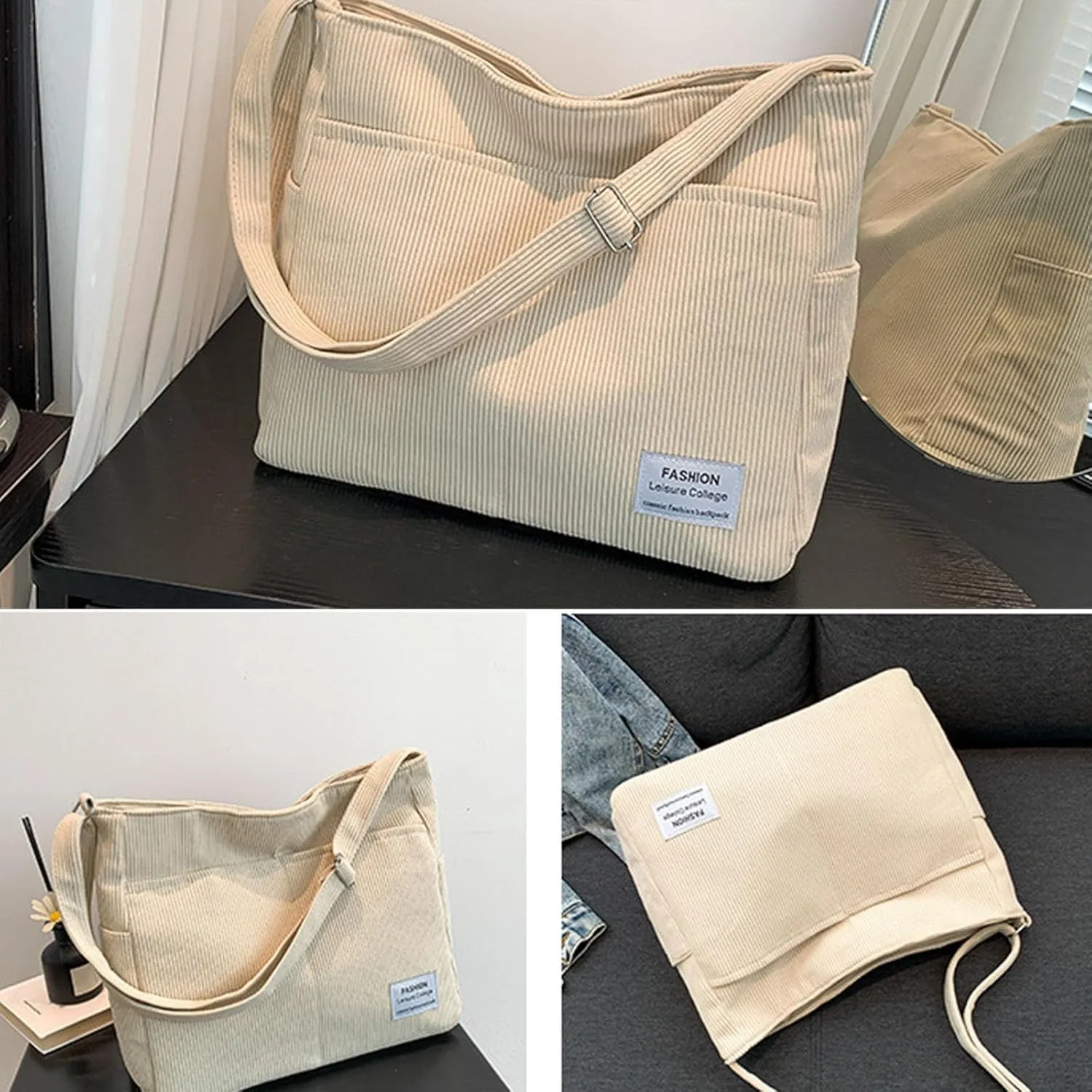 Women's Canvas Tote Bags with Zipper Beach Tote Shoulder Bags for Summer Vacation Cute Purse for Women Trendy(White)
