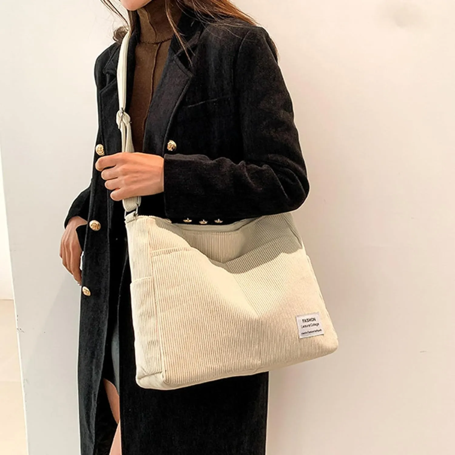Women's Canvas Tote Bags with Zipper Beach Tote Shoulder Bags for Summer Vacation Cute Purse for Women Trendy(White)