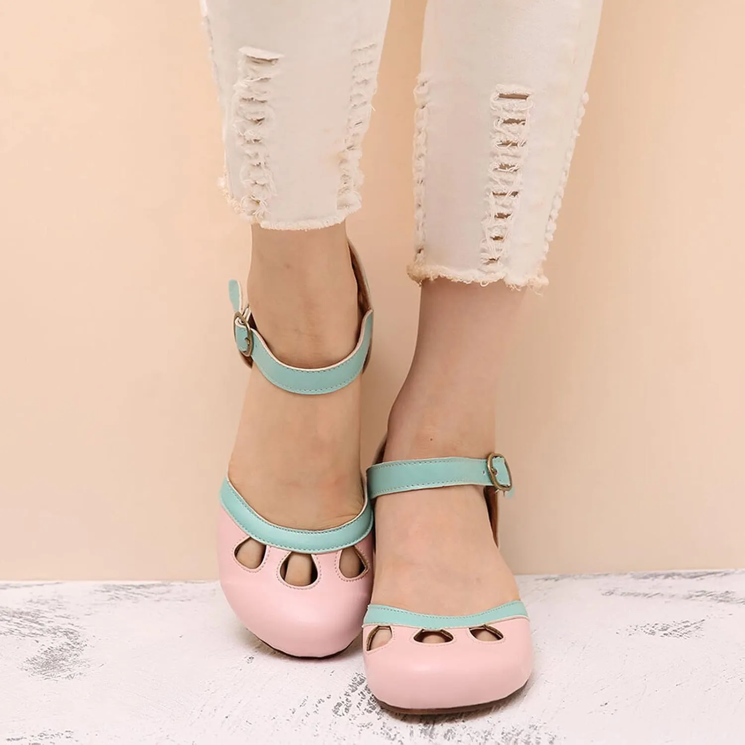 Women's Cute Colorblock Summer Sandal Hook and Eye High Heel Spring Vacation Casual Sandals Closed Toe Lovely Shoes