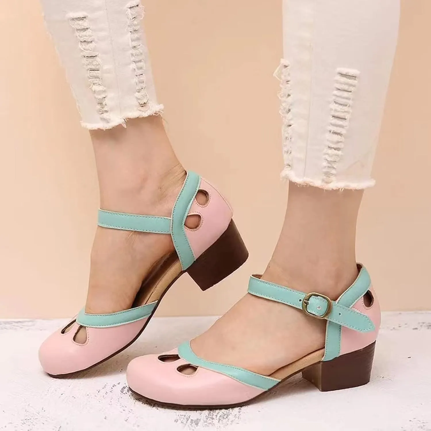 Women's Cute Colorblock Summer Sandal Hook and Eye High Heel Spring Vacation Casual Sandals Closed Toe Lovely Shoes