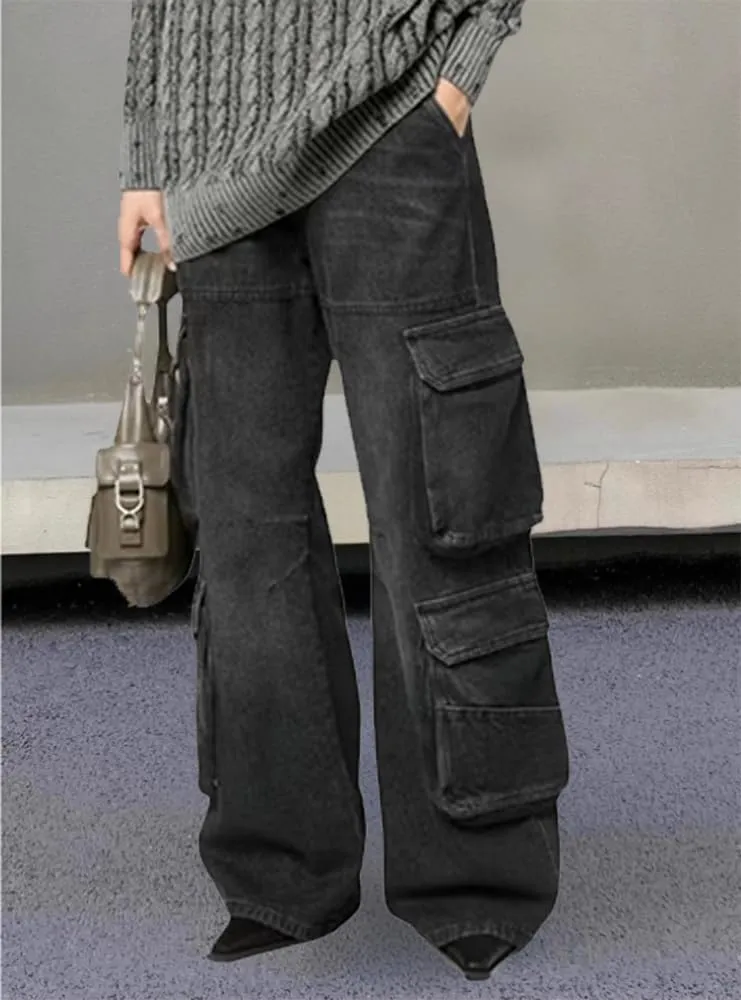 Women's Drawstring Wide Leg Jeans High Elastic Waisted Stretch Frayed Loose Fit Trouser Jeans Denim Pants