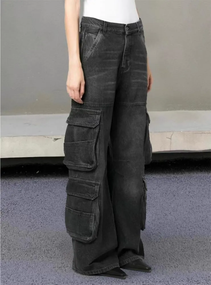 Women's Drawstring Wide Leg Jeans High Elastic Waisted Stretch Frayed Loose Fit Trouser Jeans Denim Pants