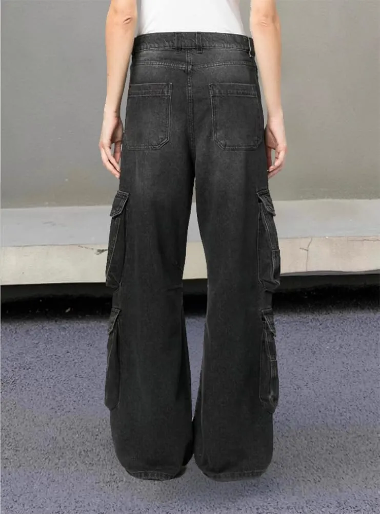 Women's Drawstring Wide Leg Jeans High Elastic Waisted Stretch Frayed Loose Fit Trouser Jeans Denim Pants