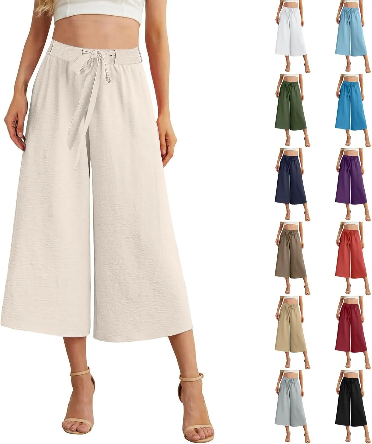Womens Flowy Linen Pants with Pockets Casual Palazzo Trousers for Women Ladies Wide Leg Beach Loose Capris Flare Pant